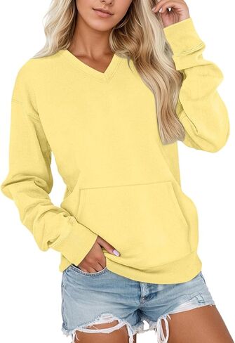 Women's V Neck Sweatshirt Fall Fleece Cute Pocket Sweatshirts Long Sleeve Oversized Comfy Sweater Y2k Soft Winter Pullover in Saudi Arabia