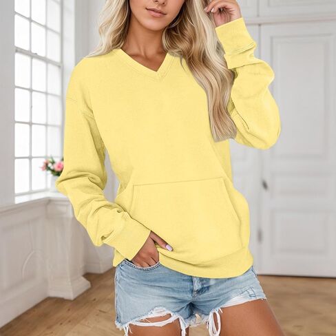 Women's V Neck Sweatshirt Fall Fleece Cute Pocket Sweatshirts Long Sleeve Oversized Comfy Sweater Y2k Soft Winter Pullover in Saudi Arabia