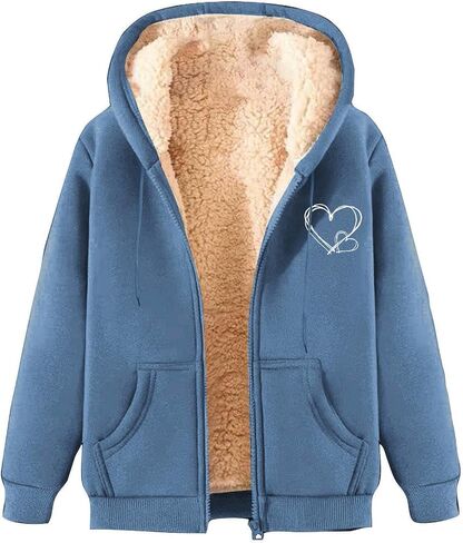 Women's Hooded Sweatshirt Coat Fleece Lined Winter Warm Fashion Heart Printed Long Sleeves Zipper Hoodies Jackets in Saudi Arabia