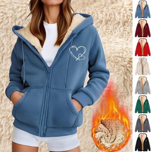 Women's Hooded Sweatshirt Coat Fleece Lined Winter Warm Fashion Heart Printed Long Sleeves Zipper Hoodies Jackets in Saudi Arabia