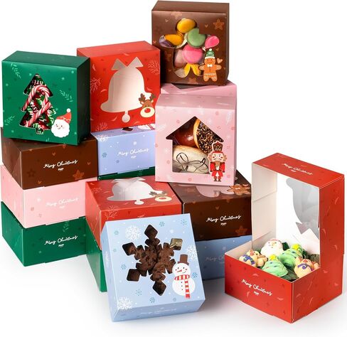 Fit Meal Prep 25 Pack 6x6x3Inch Christmas Cookie Boxes for Gift Giving Small 5 Design Exchange with Window Packaging for Desserts, Pastry, Auto-Popup Holiday Treat in Saudi Arabia