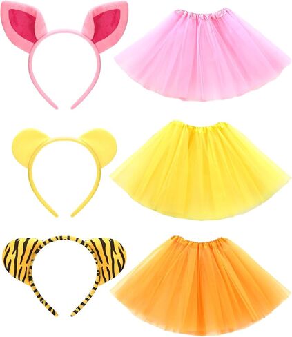 6 Pcs Yellow Bear and Friends Costume Accessories Bear Pig and Tiger Ear Headband, Yellow Pink and Orange Tutu Skirts Animal Ear Costume for Adult Halloween Cosplay Party Supplies in Saudi Arabia