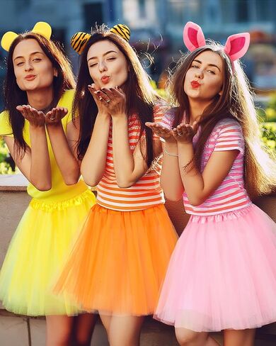 6 Pcs Yellow Bear and Friends Costume Accessories Bear Pig and Tiger Ear Headband, Yellow Pink and Orange Tutu Skirts Animal Ear Costume for Adult Halloween Cosplay Party Supplies in Saudi Arabia