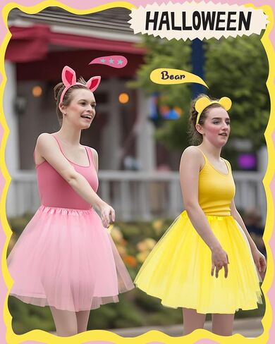6 Pcs Yellow Bear and Friends Costume Accessories Bear Pig and Tiger Ear Headband, Yellow Pink and Orange Tutu Skirts Animal Ear Costume for Adult Halloween Cosplay Party Supplies in Saudi Arabia