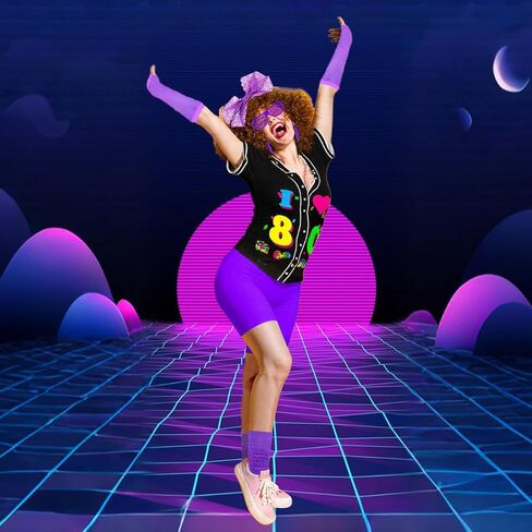 80s 90s الزي للنساء 80s اكسسوارات مجموعة البيسبول جيرسي قميص النيون السراويل ترهل الجوارب عقال in Kuwait