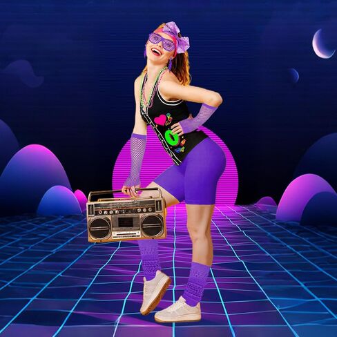 80s 90s الزي للنساء 80s اكسسوارات مجموعة البيسبول جيرسي قميص النيون السراويل ترهل الجوارب عقال in Kuwait