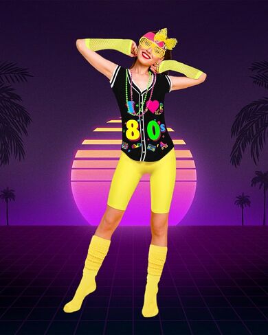80s 90s الزي للنساء 80s اكسسوارات مجموعة البيسبول جيرسي قميص النيون السراويل ترهل الجوارب عقال in Kuwait