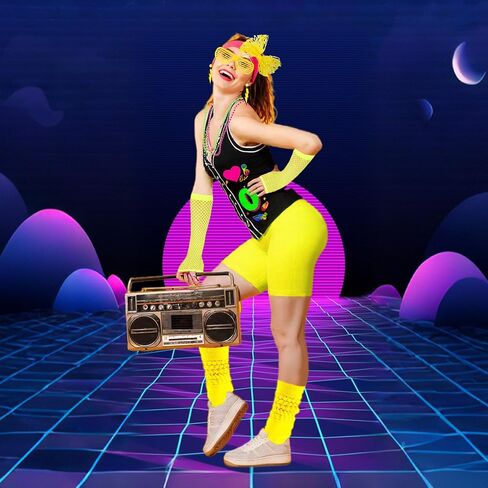 80s 90s الزي للنساء 80s اكسسوارات مجموعة البيسبول جيرسي قميص النيون السراويل ترهل الجوارب عقال in Kuwait