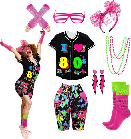 80s 90s الزي للنساء 80s اكسسوارات مجموعة البيسبول جيرسي قميص النيون السراويل ترهل الجوارب عقال in Kuwait