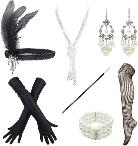 1920s Art Deco Fringed Sequin Dress 20s Flapper Gatsby Costume Dress W/ 20s Accessories Set in Kuwait