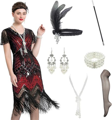 1920s Art Deco Fringed Sequin Dress 20s Flapper Gatsby Costume Dress W/ 20s Accessories Set in Kuwait