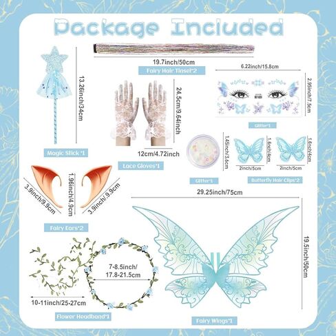 Fairy Wings Costume Set for Adult Women, Butterfly Hair Clips Elf Ears Garland Wand Gloves Glitter Halloween Party in Kuwait