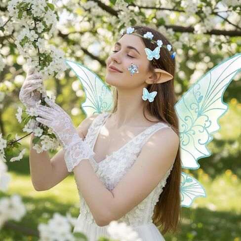 Fairy Wings Costume Set for Adult Women, Butterfly Hair Clips Elf Ears Garland Wand Gloves Glitter Halloween Party in Kuwait