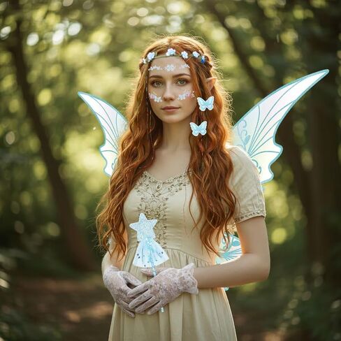 Fairy Wings Costume Set for Adult Women, Butterfly Hair Clips Elf Ears Garland Wand Gloves Glitter Halloween Party in Kuwait