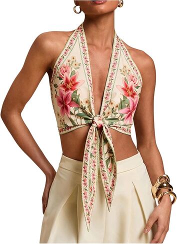 GORGLITTER Women's Floral Boho Cropped Halter Top Open Back Backless Western 2025 Going Out Tops in Saudi Arabia