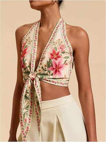 GORGLITTER Women's Floral Boho Cropped Halter Top Open Back Backless Western 2025 Going Out Tops in Saudi Arabia
