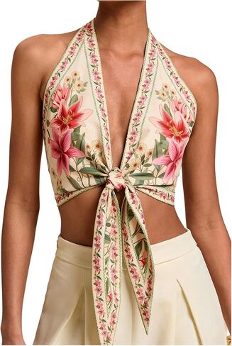 GORGLITTER Women's Floral Boho Cropped Halter Top Open Back Backless Western 2025 Going Out Tops in Saudi Arabia