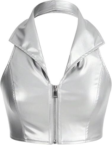 Women's Y2K Metallic Zipper Halter Top Sleeveless Slim Fit Collared Crop Tops Party Clubwear in Saudi Arabia