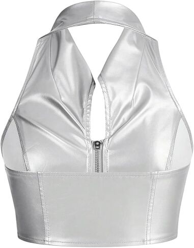 Women's Y2K Metallic Zipper Halter Top Sleeveless Slim Fit Collared Crop Tops Party Clubwear in Saudi Arabia
