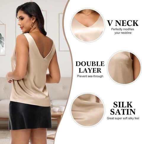 Geyoga 2 Pack Womens Silk Satin Tank Tops V Neck Blouses Sleeveless Casual Tank Shirts Cami Shirt Basic Camisole in Saudi Arabia