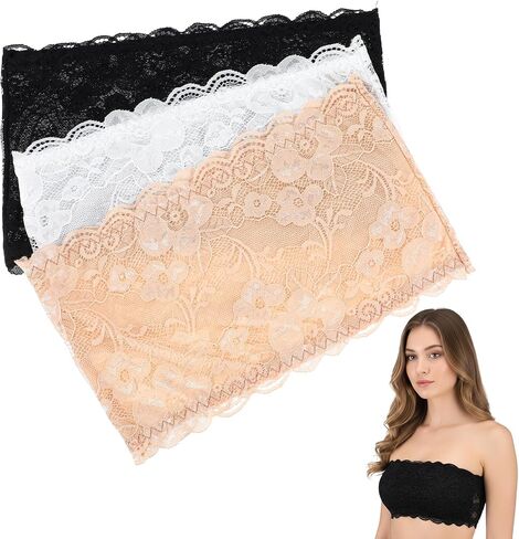 3Pcs Lace Bandeau for Women Modesty Panel Cleavage Cover 3 Colours Lace Tube Top Cleavage Cover Up for Low Neckline, Strapless Bra Bandeau Top Chest Wrap Black in Saudi Arabia