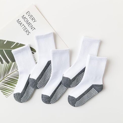 Boys Girls White Grip Socks With Grippers 1-12Y Unisex Toddler Kids Non Slip Trampoline Hospital Yoga Floor Crew Socks in Kuwait
