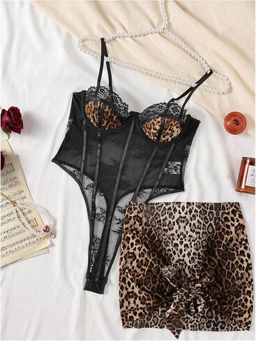 Women's 2 Piece Leopard Lingerie Set Cheetch Lace Teddy Bodysuit Corset Tops with Mini Cover up Skirt in Saudi Arabia