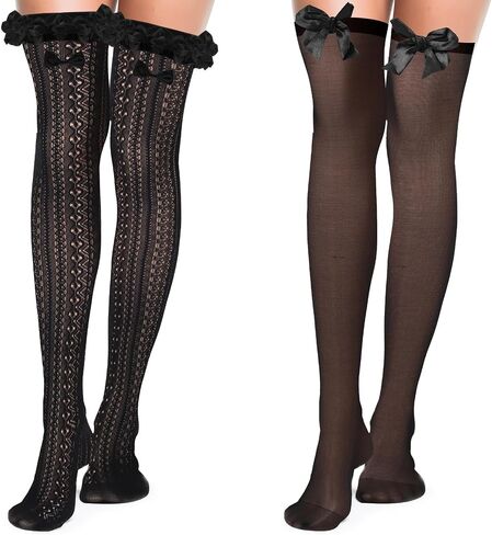 2 Pairs Thigh High Stockings Lace Satin Bow Stockings Women Tight Hosiery Over Knee Long Stocking in Saudi Arabia