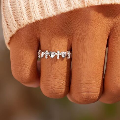 Story Jewellery Cross Ring for Love, Silver Matching Couple Cross Rings for Women, Inspirational Pray Cross Heart Religious Christian Faith Jewelry Gifts for Her, Pray Through it Ring for Wife, Valentines Day Gift Ring for Women in Saudi Arabia