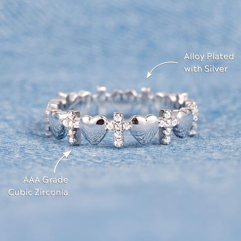 Story Jewellery Cross Ring for Love, Silver Matching Couple Cross Rings for Women, Inspirational Pray Cross Heart Religious Christian Faith Jewelry Gifts for Her, Pray Through it Ring for Wife, Valentines Day Gift Ring for Women in Saudi Arabia