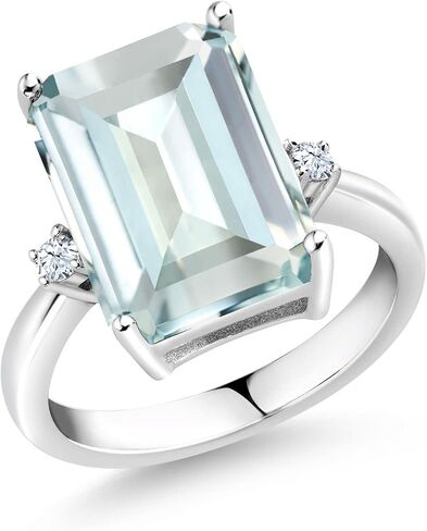 Gem Stone King 925 Sterling Silver Sky Blue Simulated Aquamarine and White Created Sapphire Ring For Women (6.72 Cttw, Emerald Cut 14x10MM, Gemstone Birthstone, Available In Size 5, 6, 7, 8, 9) in Saudi Arabia