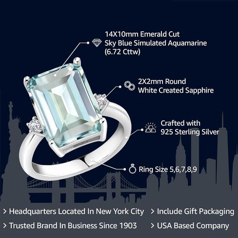 Gem Stone King 925 Sterling Silver Sky Blue Simulated Aquamarine and White Created Sapphire Ring For Women (6.72 Cttw, Emerald Cut 14x10MM, Gemstone Birthstone, Available In Size 5, 6, 7, 8, 9) in Saudi Arabia