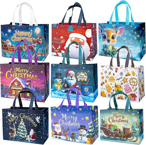 9Pcs Christmas Gift Bags, Christmas Tote Bags with Handles, Reusable Non-Woven Shopping Bags for Xmas Gifts Wrapping Holiday Party Supplies, 12.8"×9.8"×6.7" in Kuwait