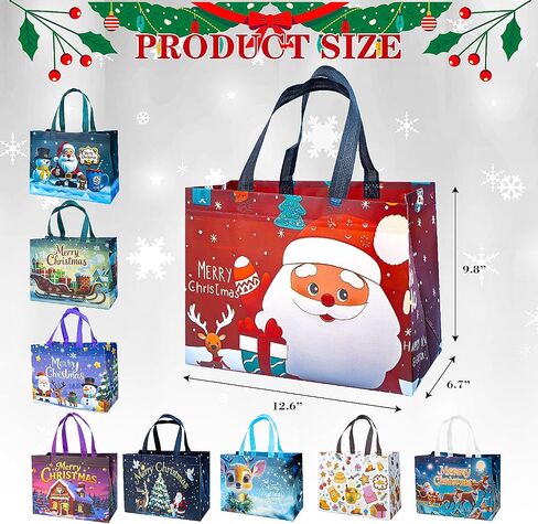 9Pcs Christmas Gift Bags, Christmas Tote Bags with Handles, Reusable Non-Woven Shopping Bags for Xmas Gifts Wrapping Holiday Party Supplies, 12.8"×9.8"×6.7" in Kuwait