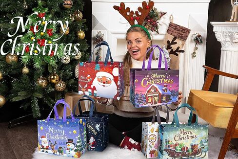 9Pcs Christmas Gift Bags, Christmas Tote Bags with Handles, Reusable Non-Woven Shopping Bags for Xmas Gifts Wrapping Holiday Party Supplies, 12.8"×9.8"×6.7" in Kuwait