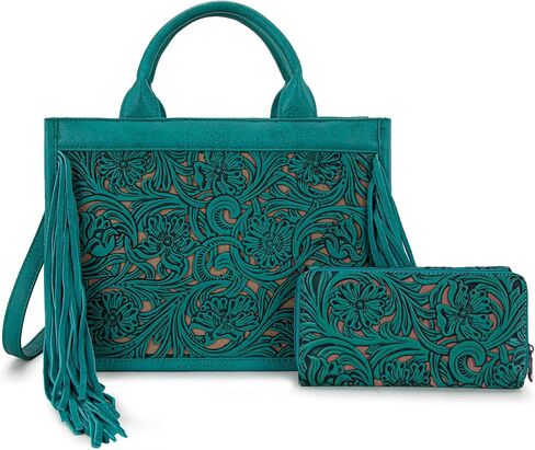Trinity Ranch Tote Bags for Women Floral Tooled Fringe with Wallet Set in Saudi Arabia