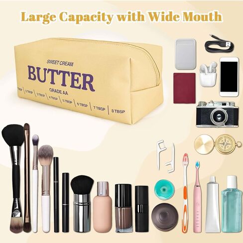 حقيبة مكياج صفراء لطيفة من دادوب، حقائب مستحضرات تجميل للسفر، حقائب أدوات الزينة المضحكة بالزبدة، حقيبة مكياج فريدة من نوعها من الجلد مع سحاب للفتيات والأولاد والنساء، هدايا مزحة لمحبي الزبدة in Kuwait