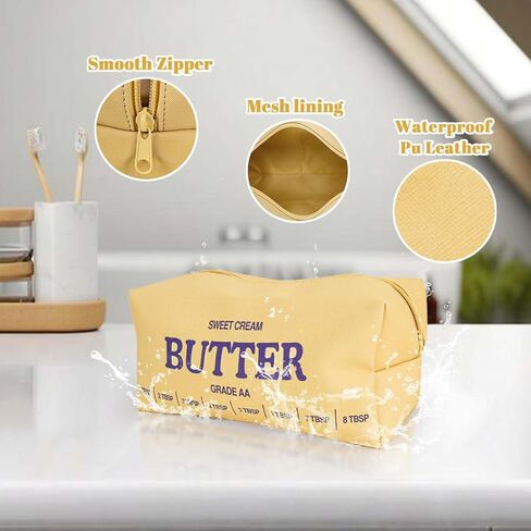 حقيبة مكياج صفراء لطيفة من دادوب، حقائب مستحضرات تجميل للسفر، حقائب أدوات الزينة المضحكة بالزبدة، حقيبة مكياج فريدة من نوعها من الجلد مع سحاب للفتيات والأولاد والنساء، هدايا مزحة لمحبي الزبدة in Kuwait