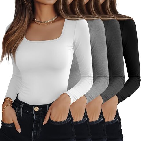Riyiper 4 Pack Women's Square Neck Long Sleeve Tops Going Out Slim Fit Cotton Shirts Tight Layer Basic Tee 2025 Fall in Saudi Arabia