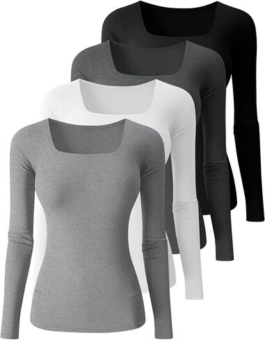 Riyiper 4 Pack Women's Square Neck Long Sleeve Tops Going Out Slim Fit Cotton Shirts Tight Layer Basic Tee 2025 Fall in Saudi Arabia