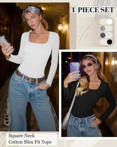 Riyiper 4 Pack Women's Square Neck Long Sleeve Tops Going Out Slim Fit Cotton Shirts Tight Layer Basic Tee 2025 Fall in Saudi Arabia
