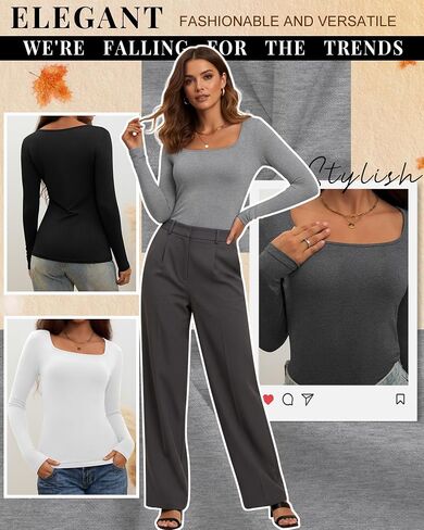 Riyiper 4 Pack Women's Square Neck Long Sleeve Tops Going Out Slim Fit Cotton Shirts Tight Layer Basic Tee 2025 Fall in Saudi Arabia
