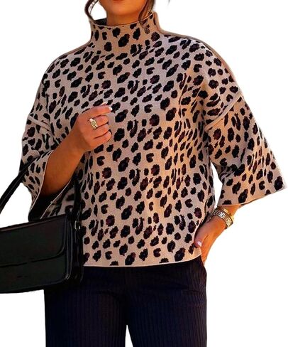utcoco Women's Leopard Print Sweater Mock Neck 3/4 Bell Sleeve Pullover Loose Fall Winter Knit Top in Saudi Arabia