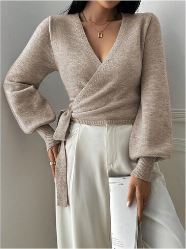 SOLY HUX Women's Long Sleeve V Neck Wrap Belted Sweater Elegant Office Knitted Crop Tops Fall Outfits in Saudi Arabia