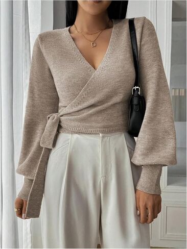 SOLY HUX Women's Long Sleeve V Neck Wrap Belted Sweater Elegant Office Knitted Crop Tops Fall Outfits in Saudi Arabia