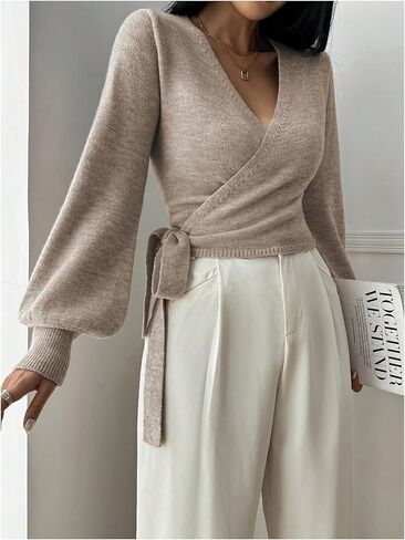 SOLY HUX Women's Long Sleeve V Neck Wrap Belted Sweater Elegant Office Knitted Crop Tops Fall Outfits in Saudi Arabia