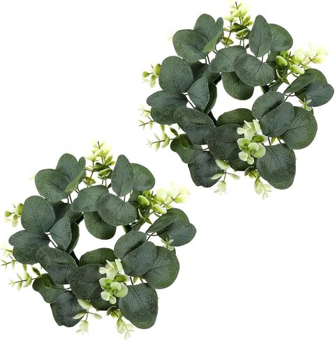2 pcs Artificial Eucalyptus Wreaths, 9Inch Small Faux Kitchen Cabinet Eucalyptus Leaves Greenery Garland Mini Farmhouse Wreath for Indoor Door Wall Window Tabletop Dining Chairs Decor in Saudi Arabia