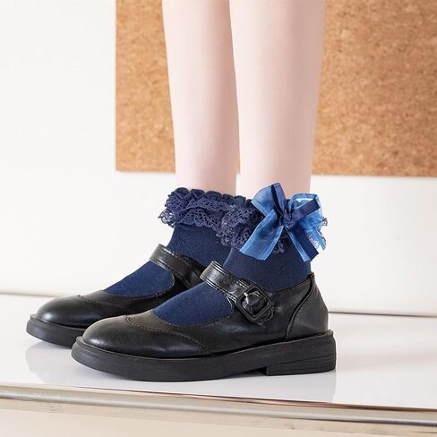 Womens Ruffle Socks with Bow Cute Frilly Lace Ankle Socks Adult Fancy Dress Sock Princess Lolita Bobby Sock Big Girls in Kuwait