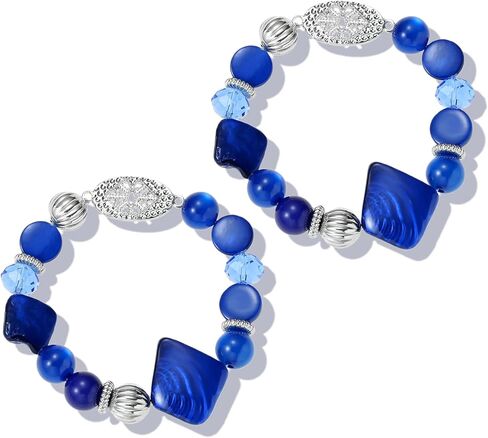 Chunky Natural Shell Glass Beaded Stretch Bracelet Stack for Women, Classy Boho Jewelry Gift in Saudi Arabia