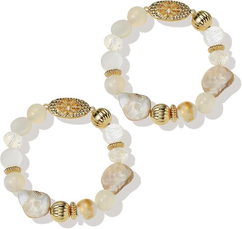Chunky Natural Shell Glass Beaded Stretch Bracelet Stack for Women, Classy Boho Jewelry Gift in Saudi Arabia